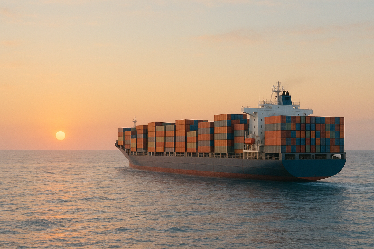 Cargo vessel approaching a busy global trade port.