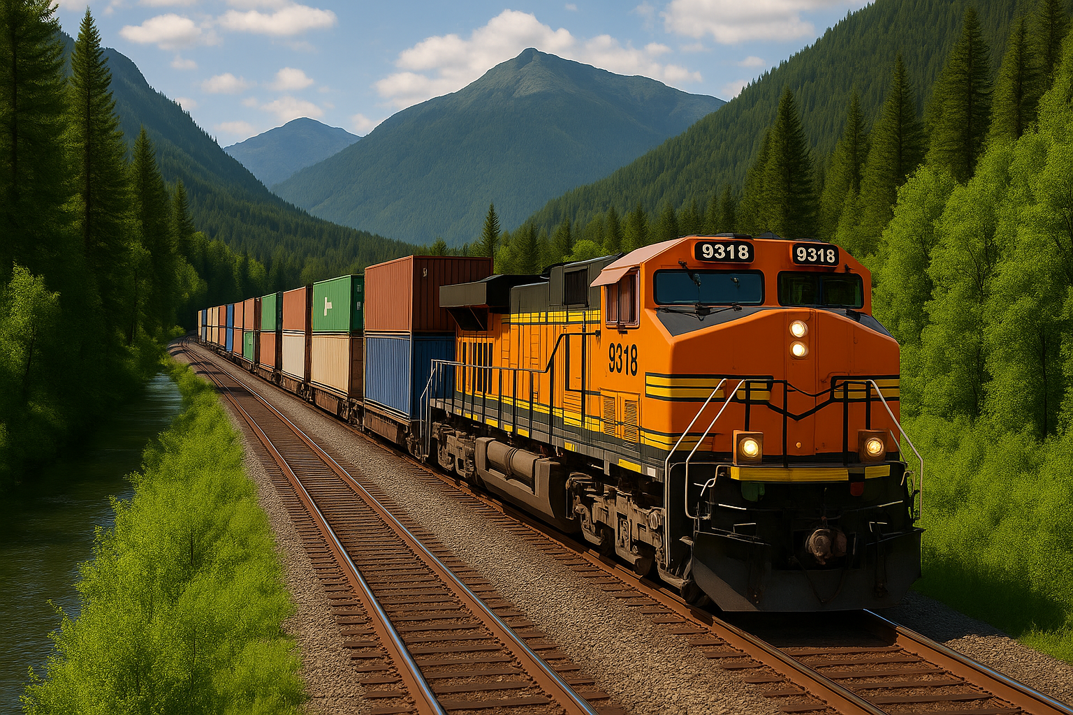 Intermodal freight train moving through a logistics hub.